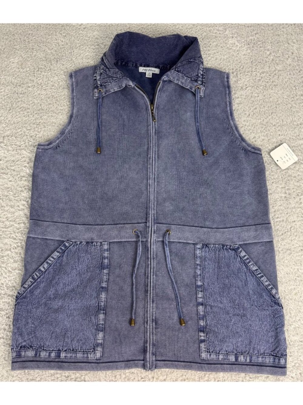 Blue Sleeveless Vest With Hood PBJ Blues L Casual Zip Front Drawstring Pocket - Picture 7 of 15